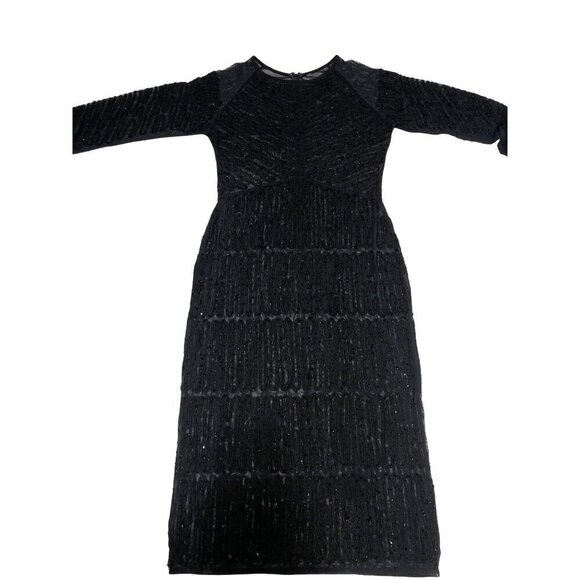 Black Beaded Sheer Mesh Dress Size M Long Sleeve Midi Sheath Goth Retro Whimsy - Picture 10 of 10